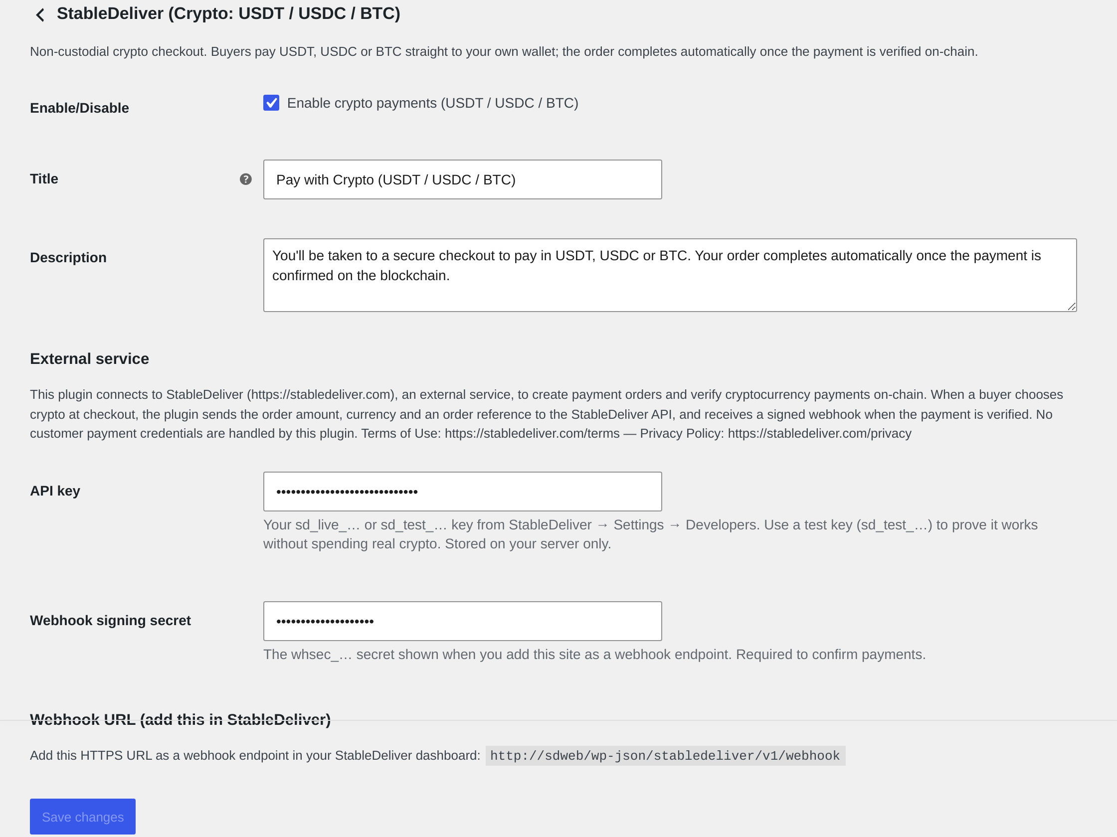 Gateway settings: API key and webhook signing secret.