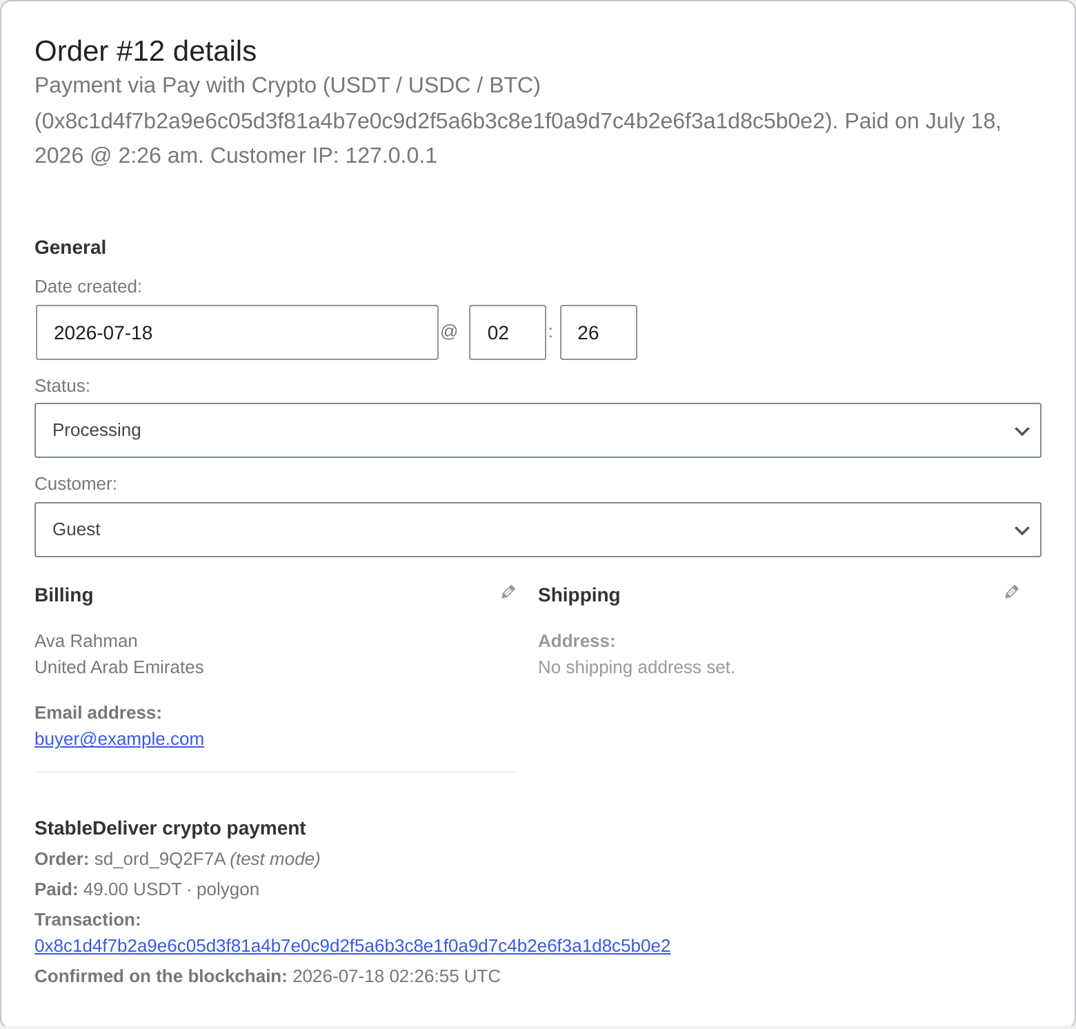 The crypto payment details (chain, asset, amount, transaction) on the order screen.