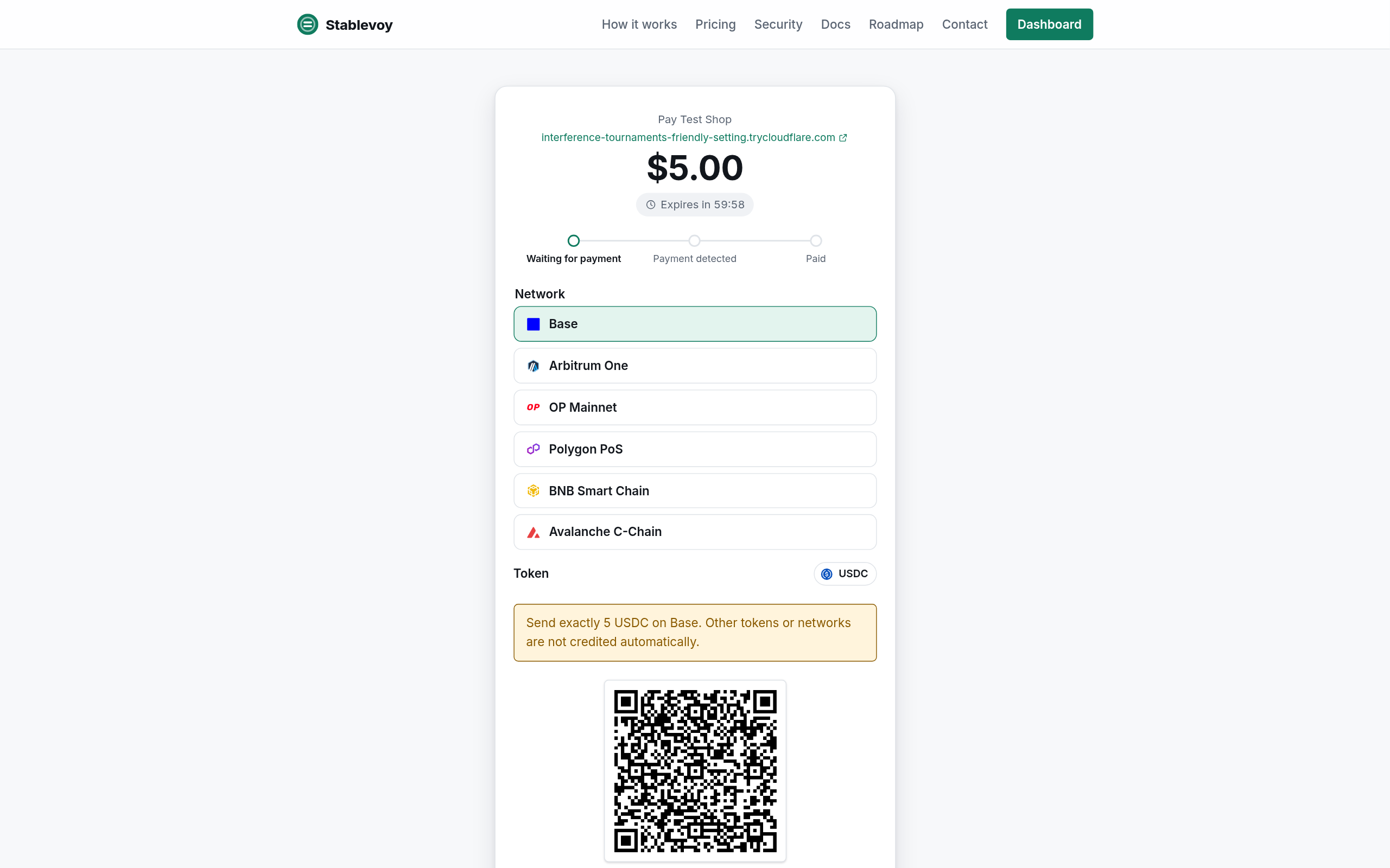 The payment page: the buyer picks a network and pays to the order's own deposit address, checked in the browser before payment.