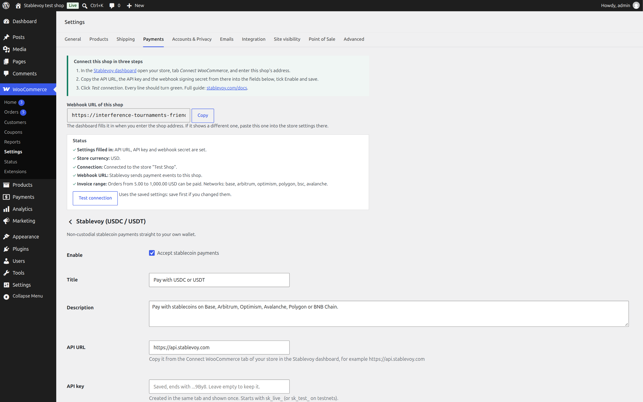 Gateway settings in WooCommerce with the connection test.