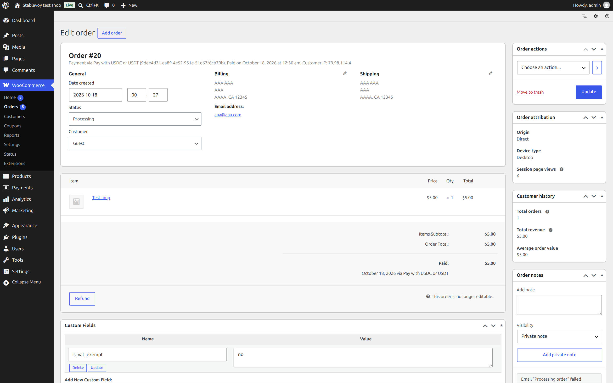 A paid order: the payment is confirmed on-chain and the order moves to Processing.