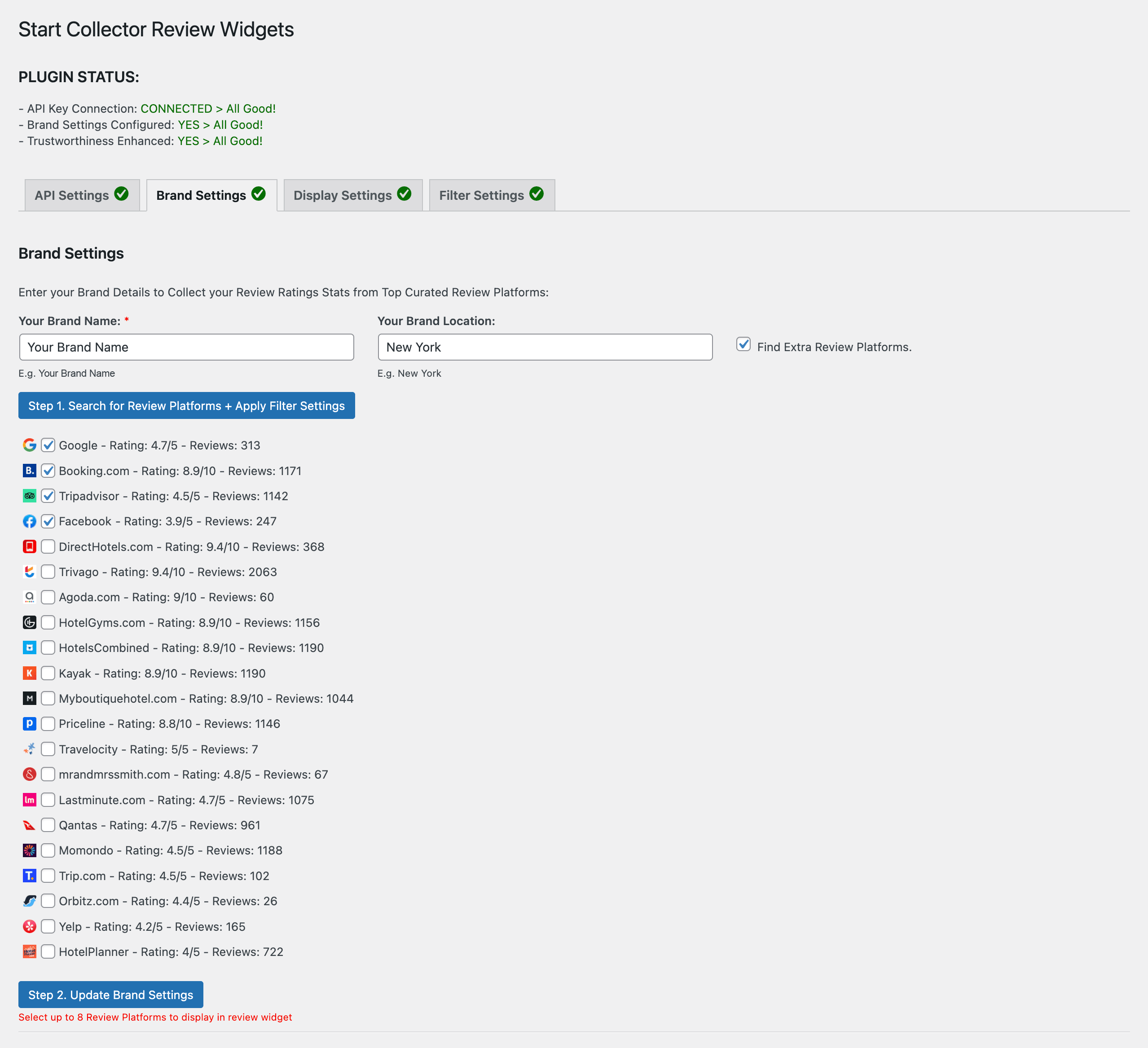 Brand Settings: Search for your brand name and choose the best review platform ratings to display.