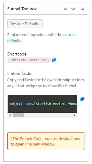 Multiple options for displaying a Funnel: Shortcode, embed code, page.