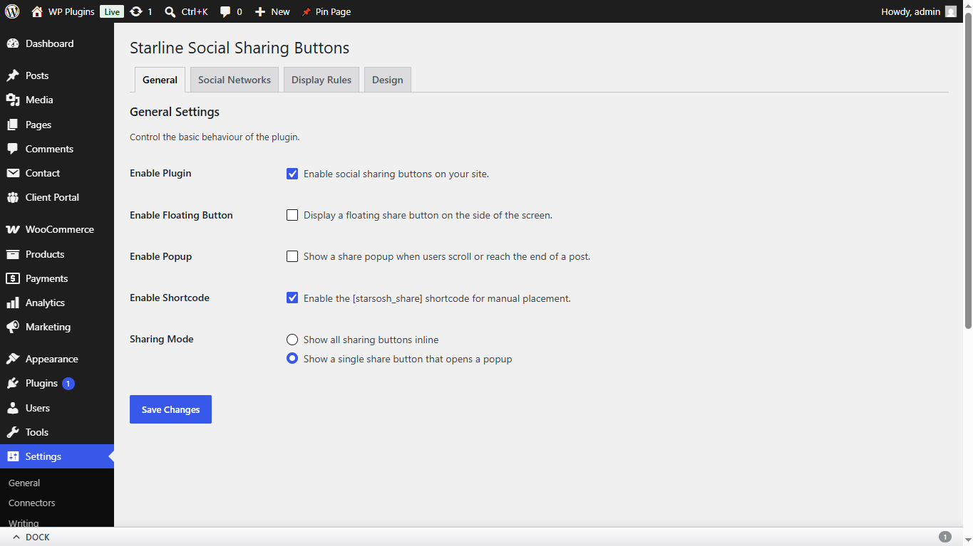 Settings page -- General tab