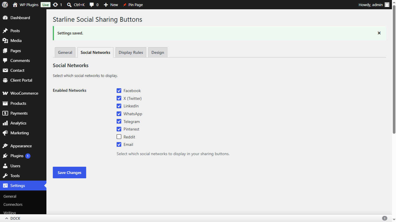 Settings page -- Social Networks tab
