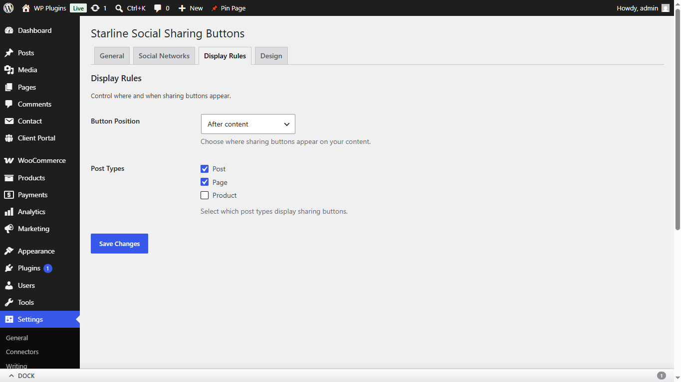Settings page -- Display Rules tab