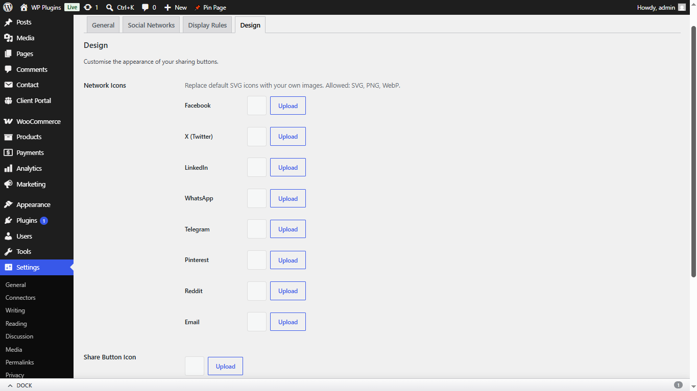 Settings page -- Design tab with custom icon upload