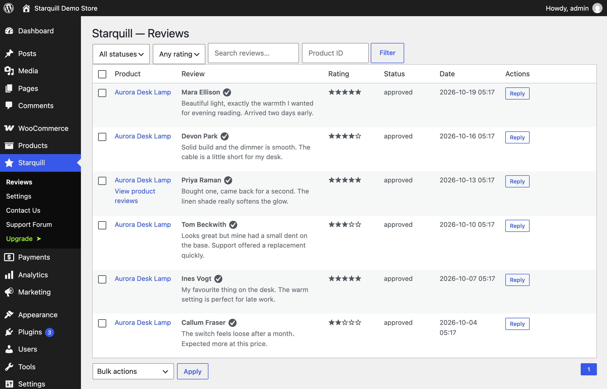 The Starquill reviews screen: filter by status, rating or product, see star ratings, and reply from one place.