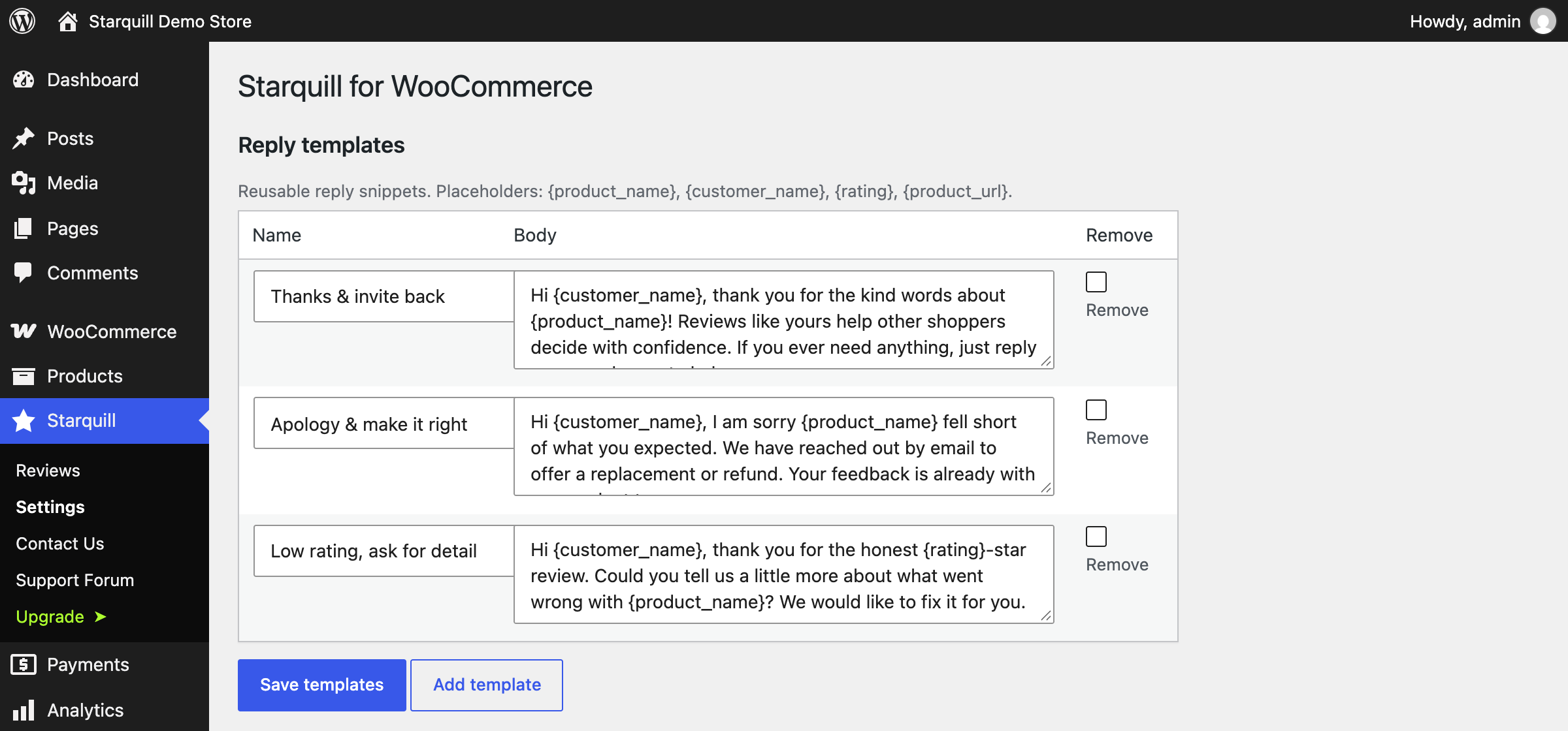Reply templates with placeholders, so common answers are one click away.