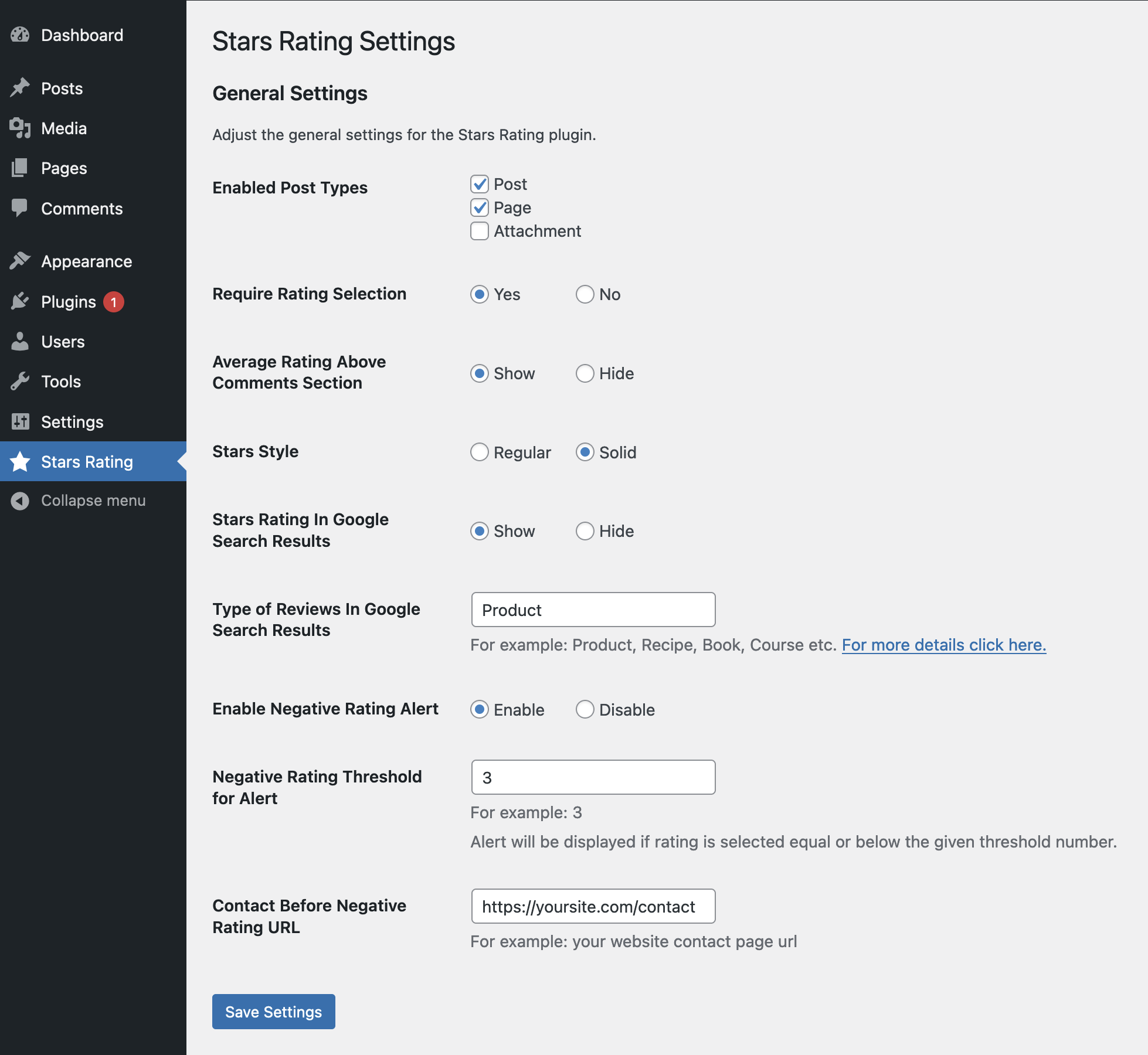 Enable/Disable 'Stars Rating' for the posts, pages and custom post types comments globally and other settings.