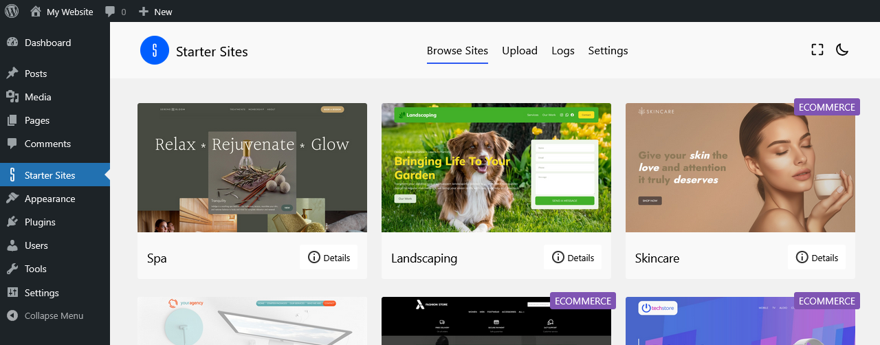 Browse the Starter Sites and select the one you like.