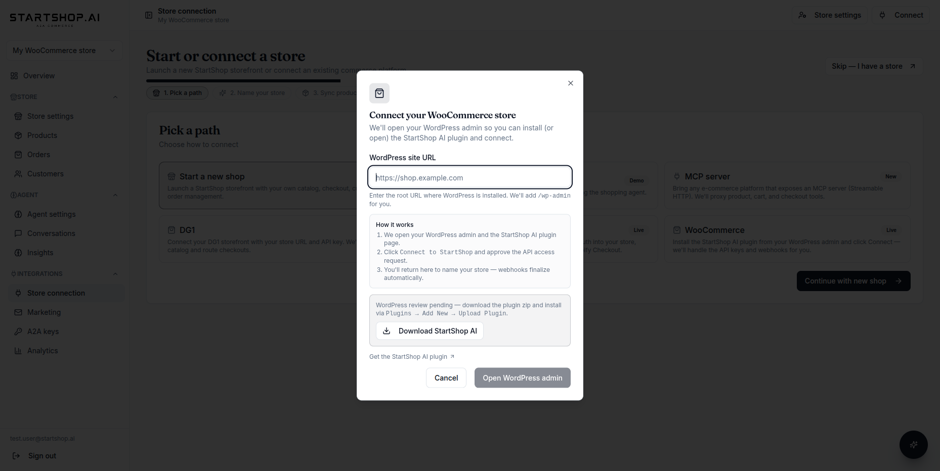 One-click connect screen under WooCommerce → StartShop AI.