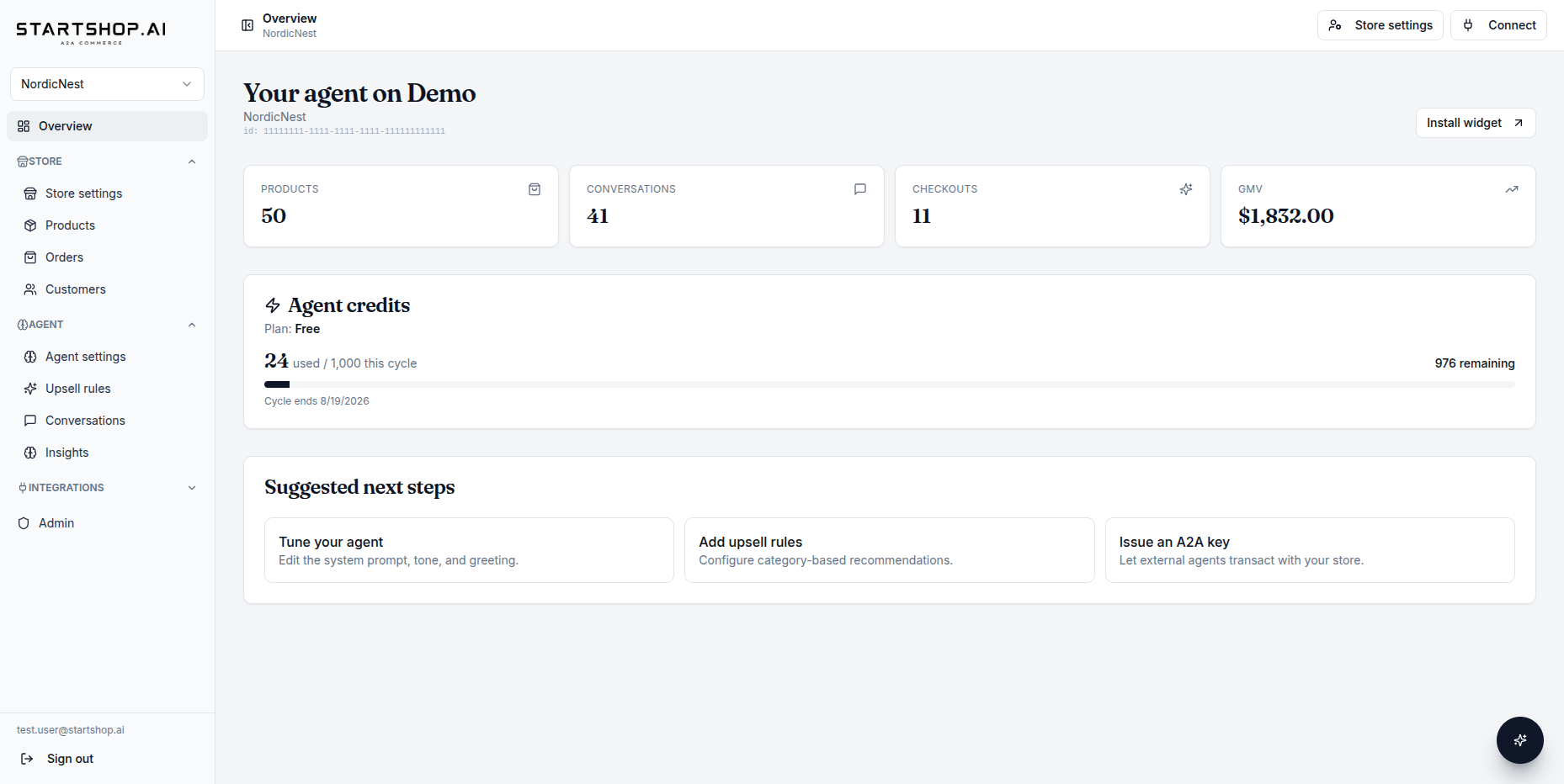StartShop dashboard after a successful connection.