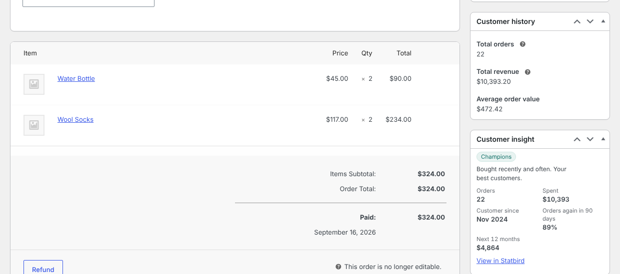 The customer card on the order screen.