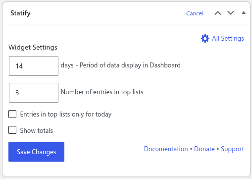 Statify dashboard widget settings
