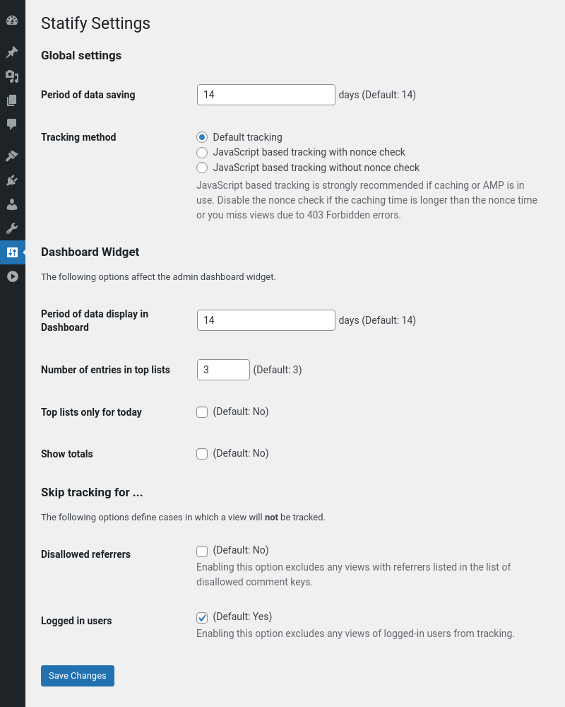 Statify settings page