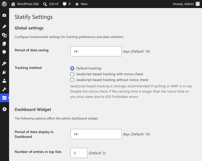 Statify settings page