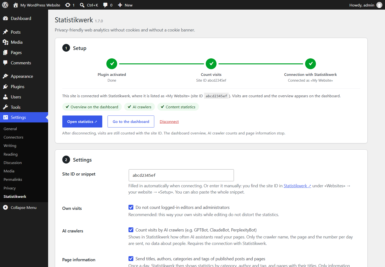 Settings: the steps show what is set up and what the connection adds. Below, choose whether logged-in editors, AI crawlers and page information are counted.