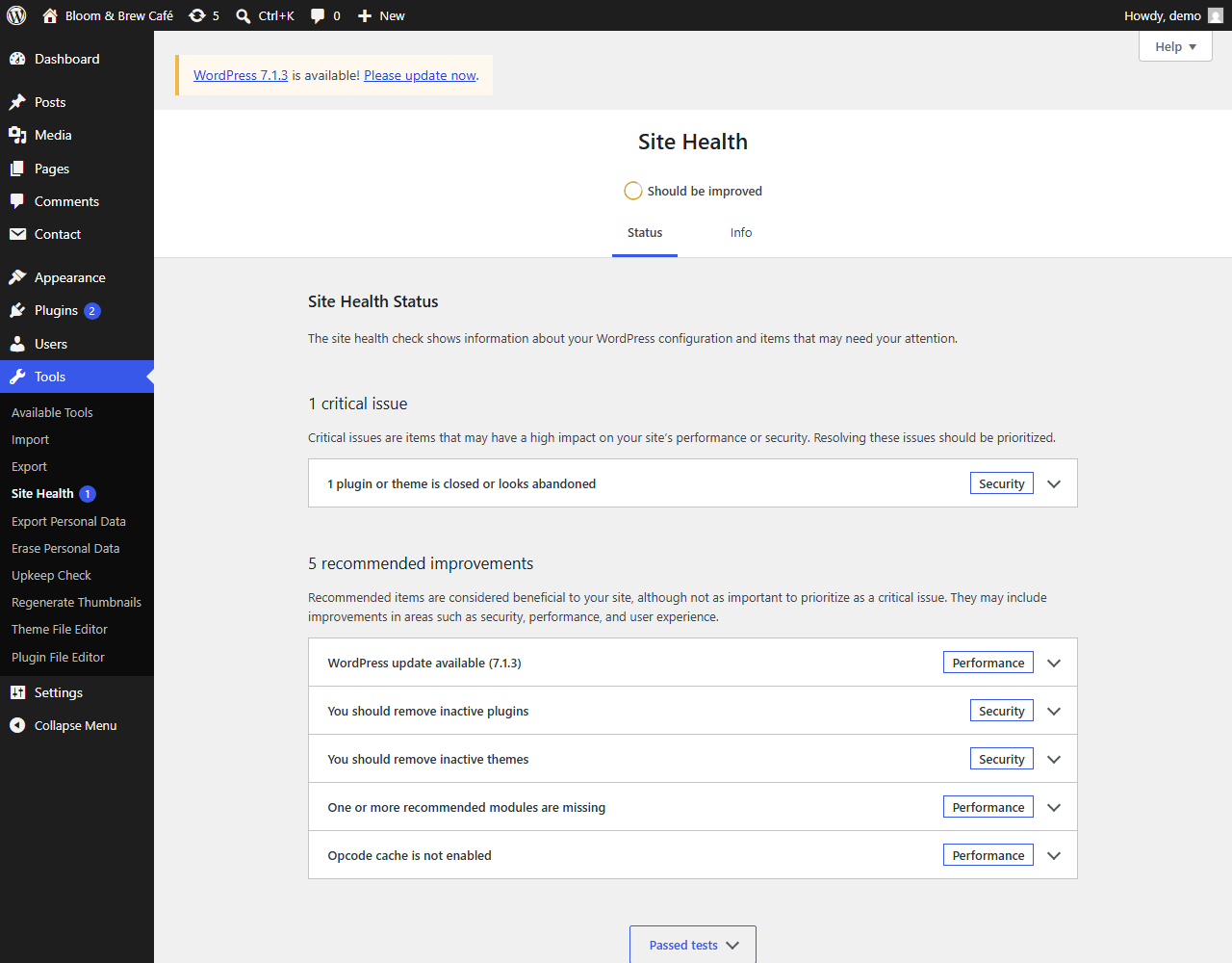 The result in Tools → Site Health.