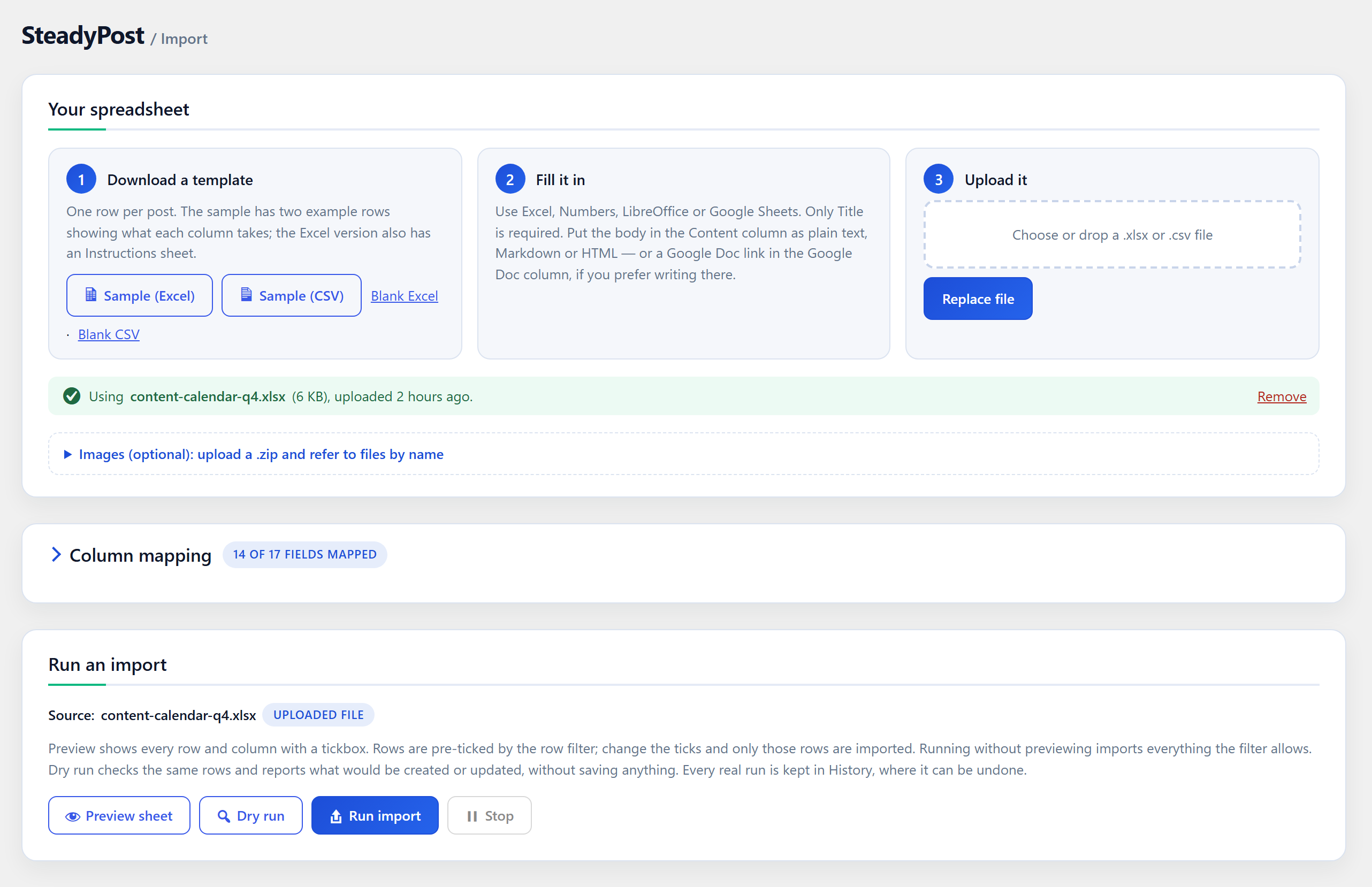 Import: download a template, upload your spreadsheet, and check the column mapping.
