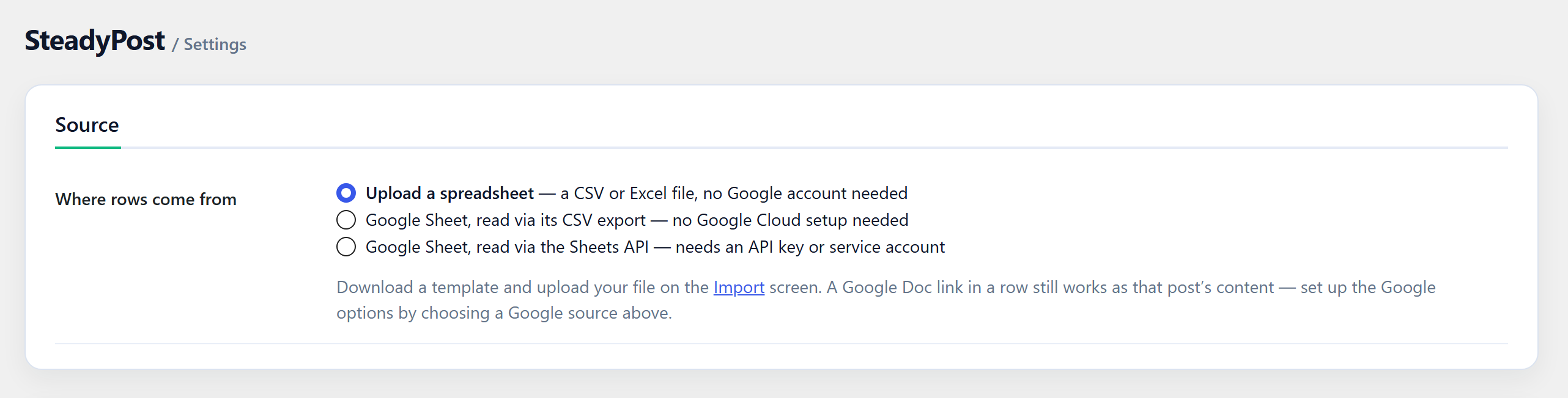 Settings: source, row filter, SEO fields and defaults.