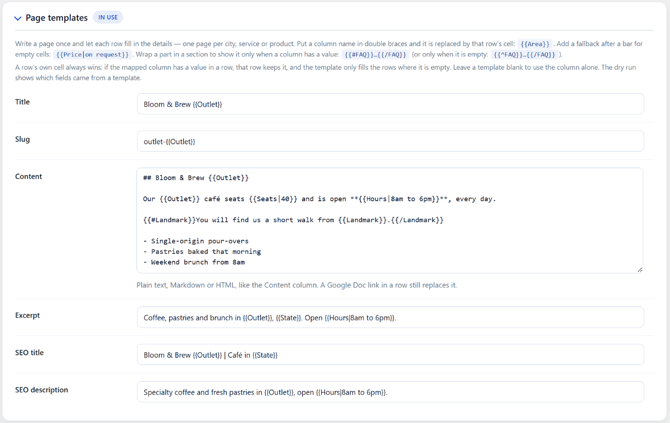 Page templates: write a page once and let every row fill in its own details.