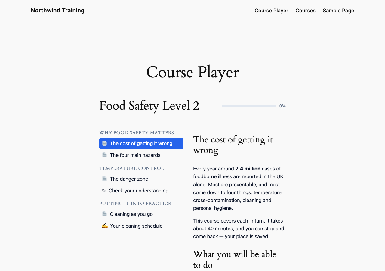 The course player a learner sees: lesson and topic structure on the left, the topic
itself on the right, and progress saved as they go.