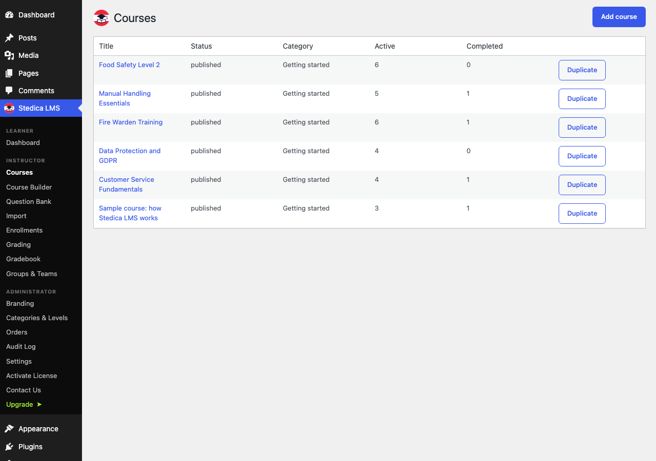 Every course at a glance, with how many learners are active on each.