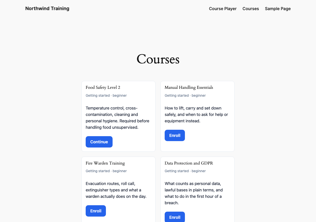 The course catalogue on the front end, built from a shortcode or a block.