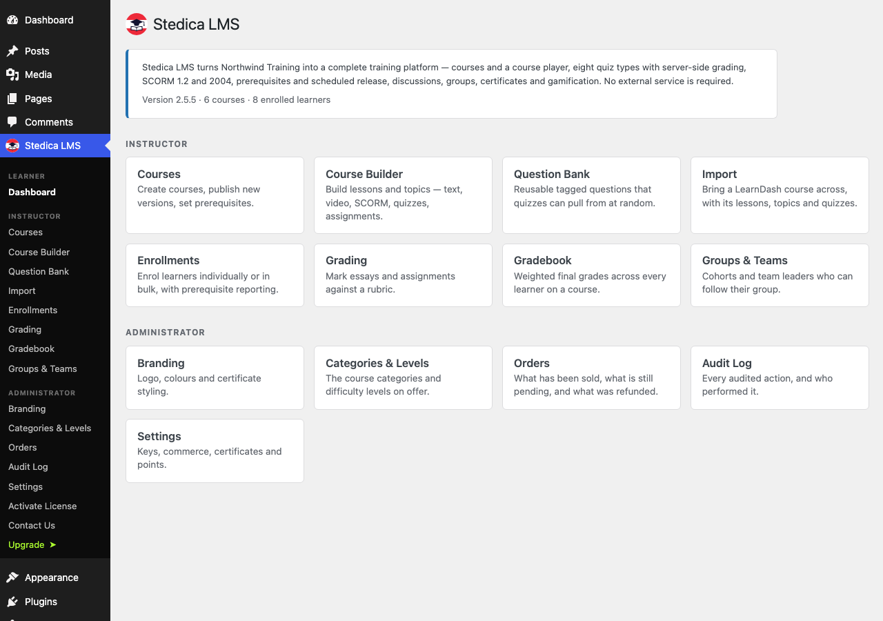 The dashboard, which is also where a new site starts.
