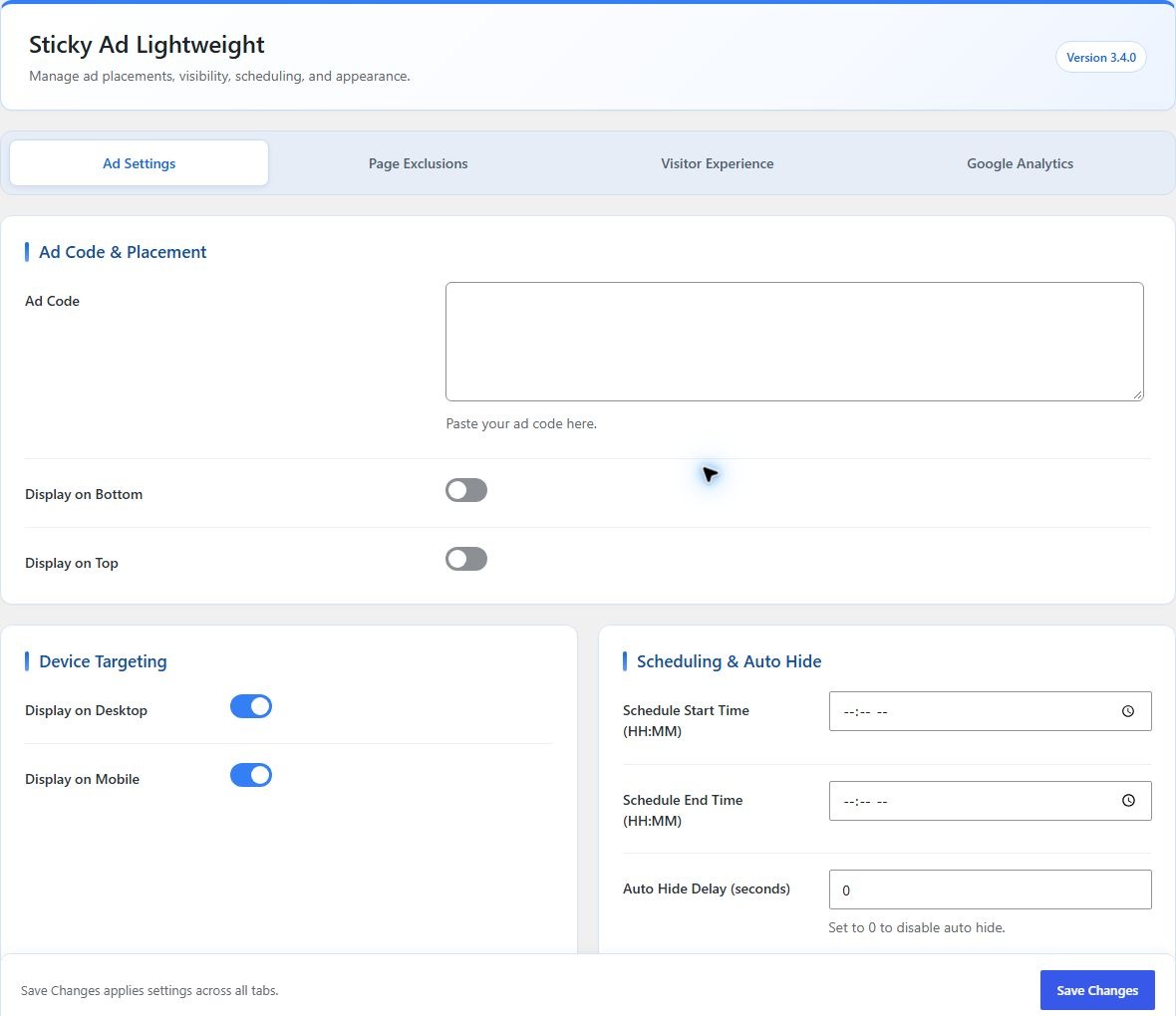Updated dashboard with instant tabs, shared ad code, placement toggles, device targeting, and scheduling.