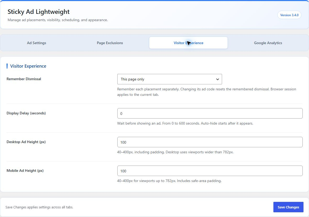 Visitor Experience tab with display delay, remembered dismissal, and responsive ad heights.