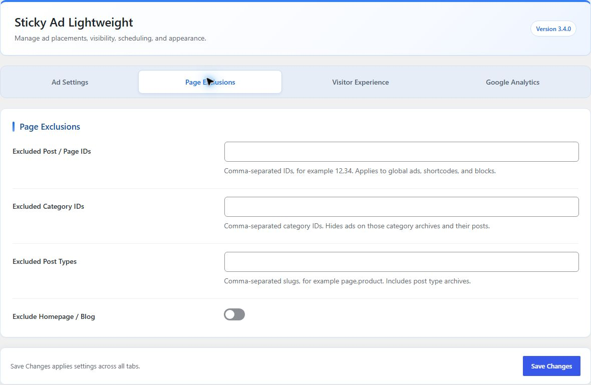 Page Exclusions tab for post/page IDs, categories, post types, and homepage visibility.