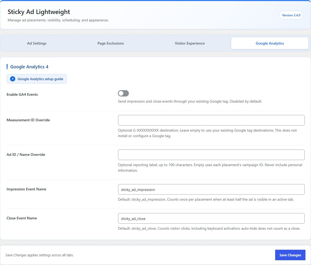Google Analytics tab with impression/close event names, overrides, and a setup guide.