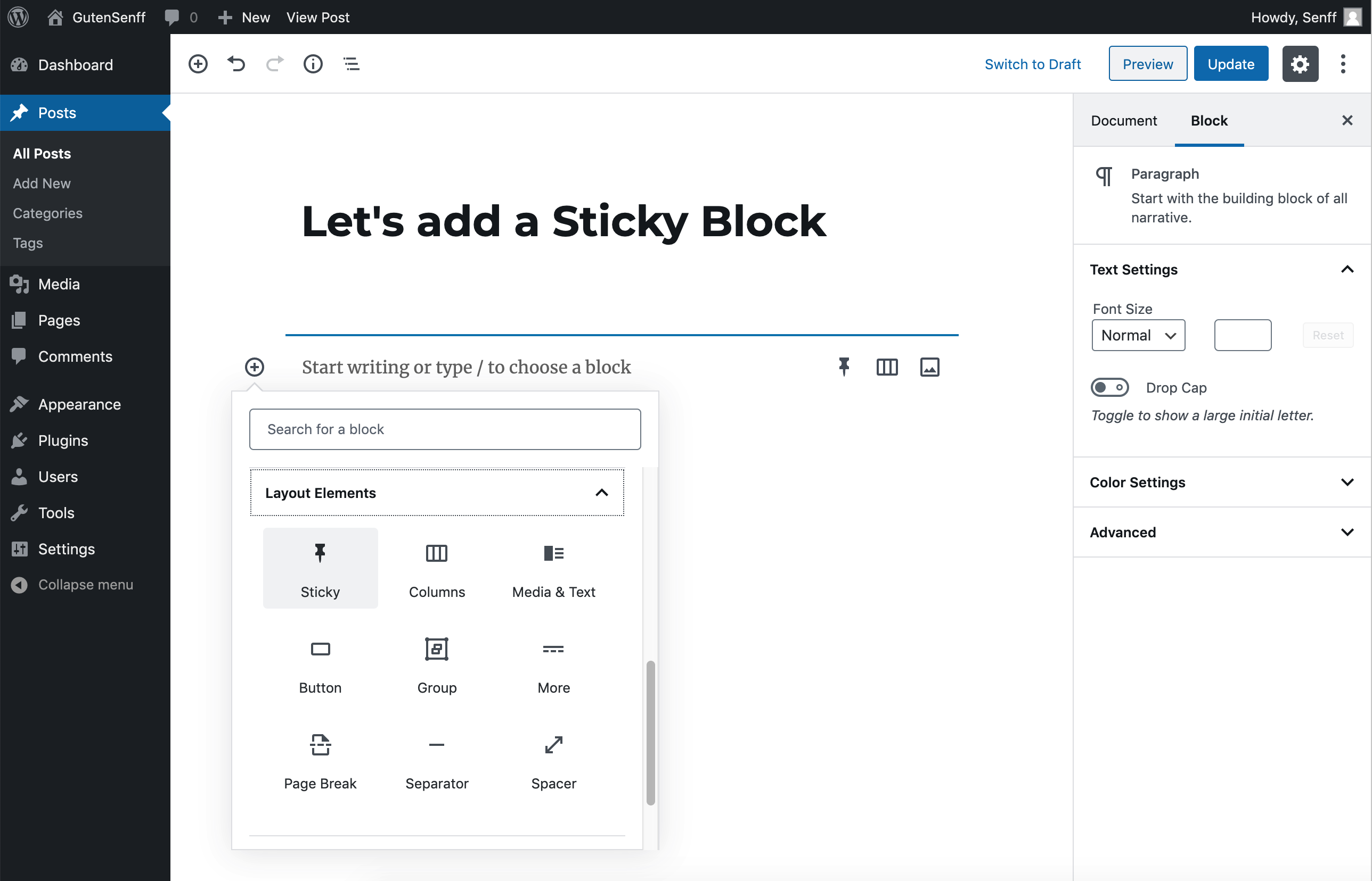 Sticky Block for Gutenberg Editor