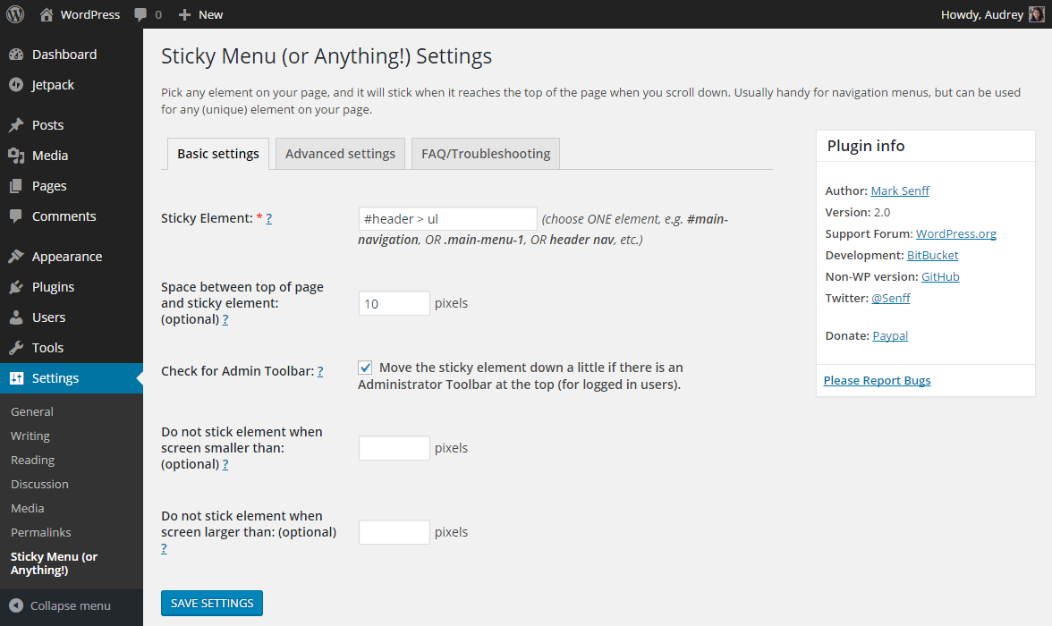 Basic Sticky Menu Settings screen