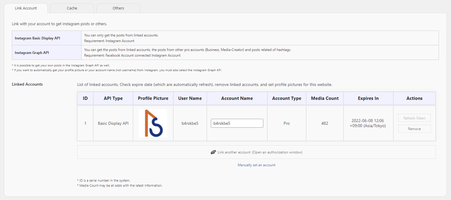 Admin Screen of Manage Instagram Accounts