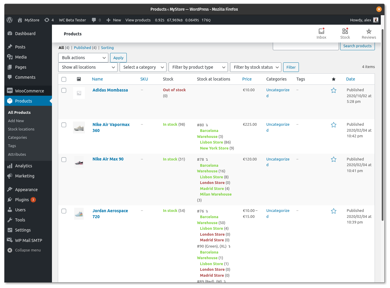 Product list filter and stock locations column