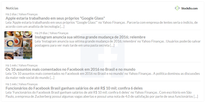 <p>Example of stock market news with images and description, in Portuguese.</p>