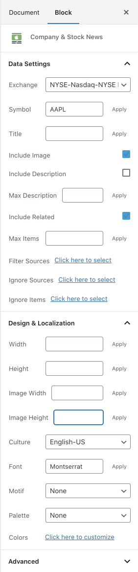 <p>Company &amp; Stock News block sidebar settings.</p>