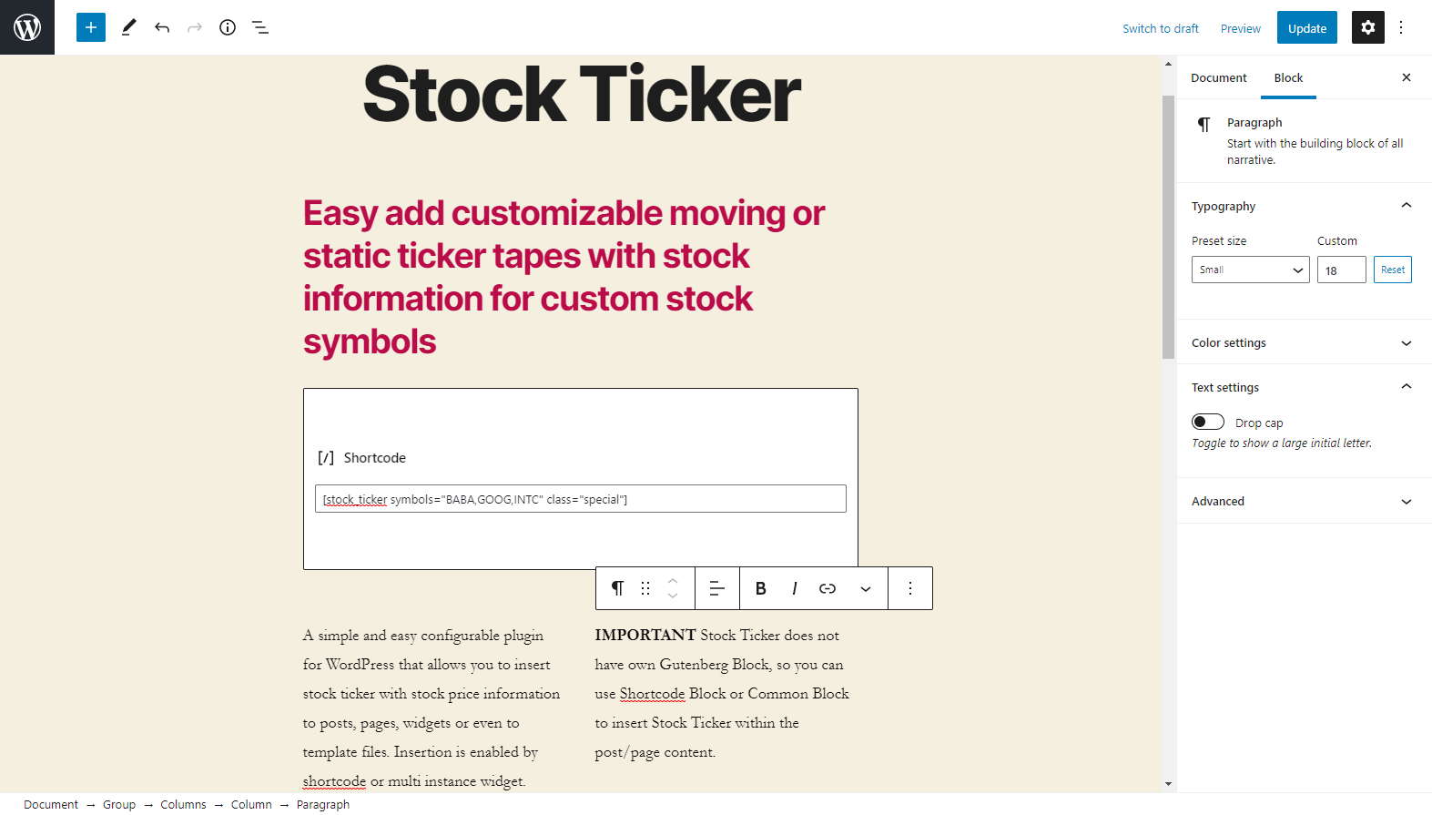 Stock ticker through Gutenberg Shortcode block