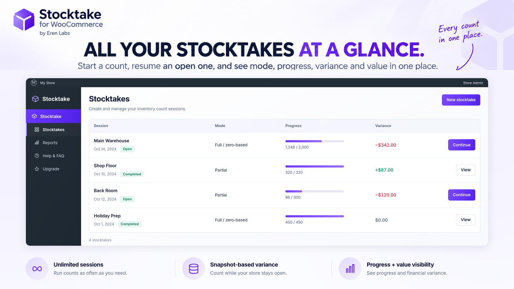 All your stocktakes at a glance — each count's mode, status, progress and variance value, with Continue to pick up an open count.