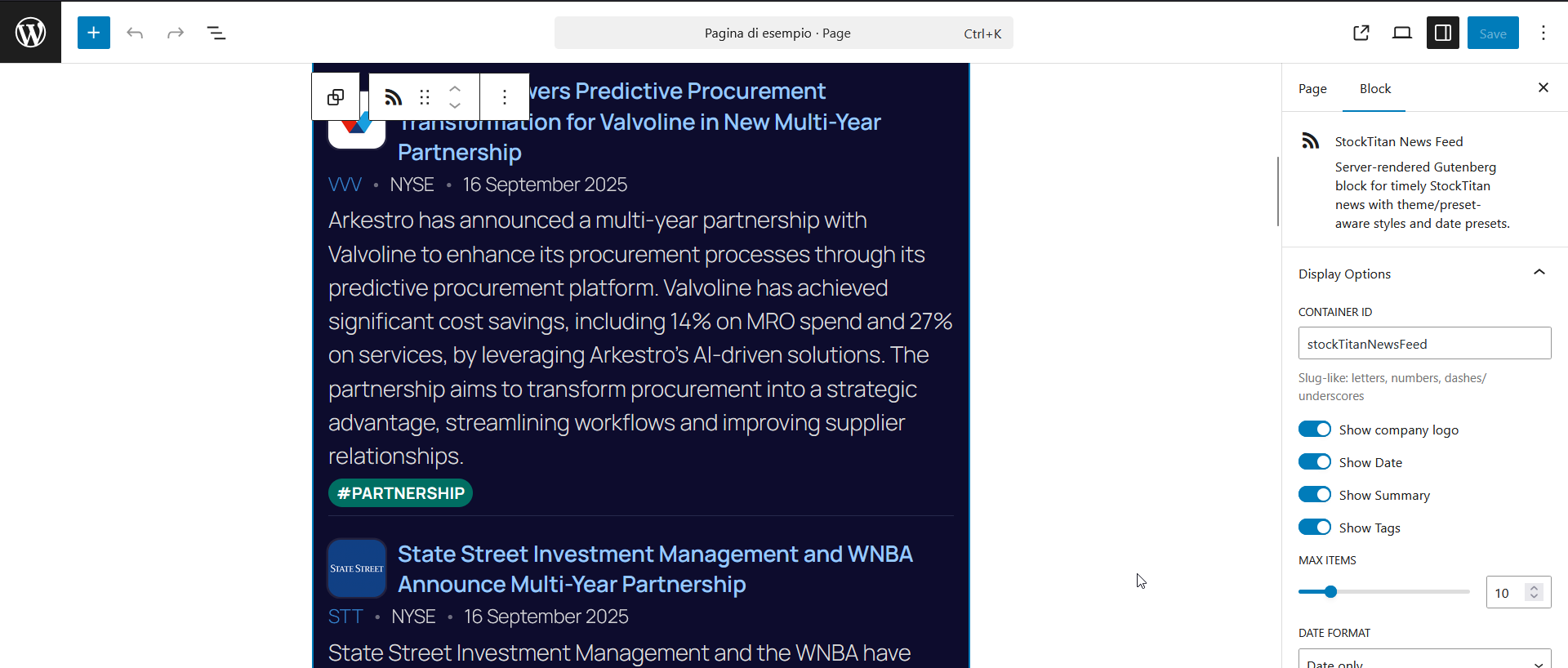 The StockTitan News Feed block in the editor.