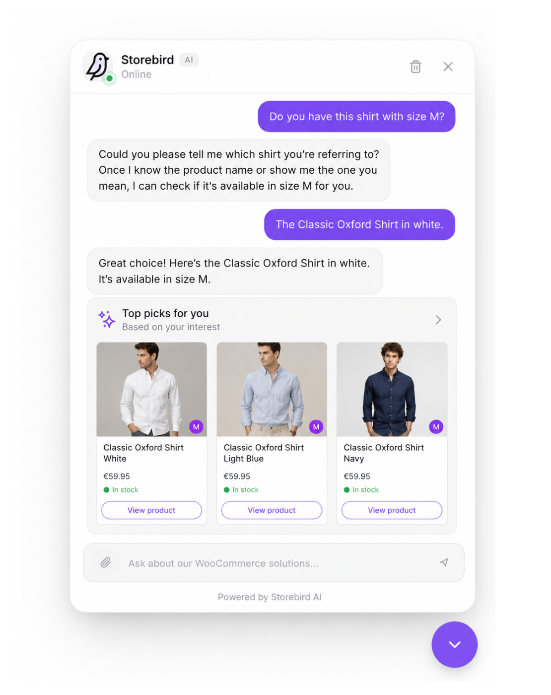 Instant AI product recommendations -- Storebird answers product questions straight from your live WooCommerce catalog, with prices and direct links.