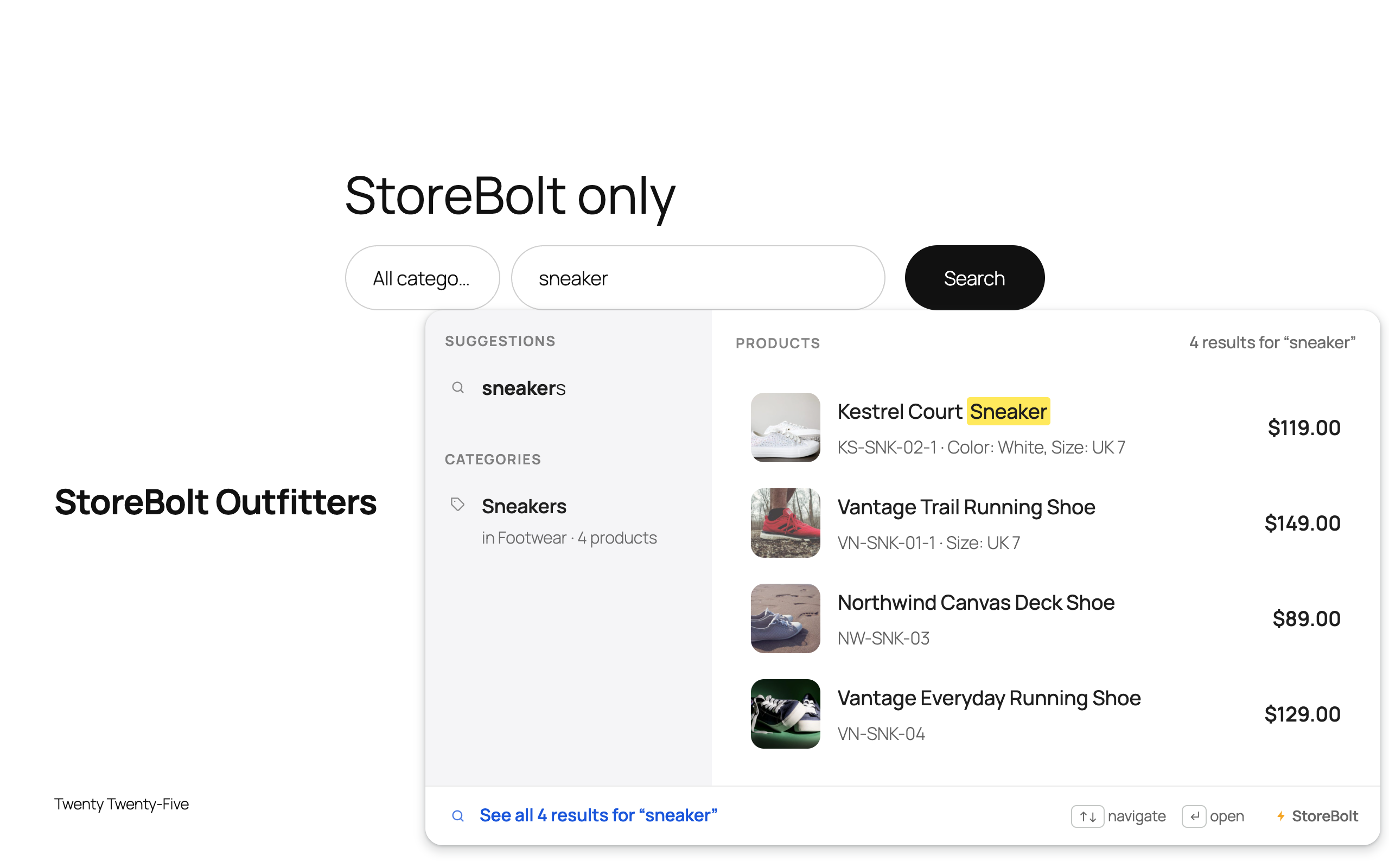 The instant dropdown in its Showroom design: a suggested search and a matching category in the sidebar, product rows with their prices, and the searched words highlighted.