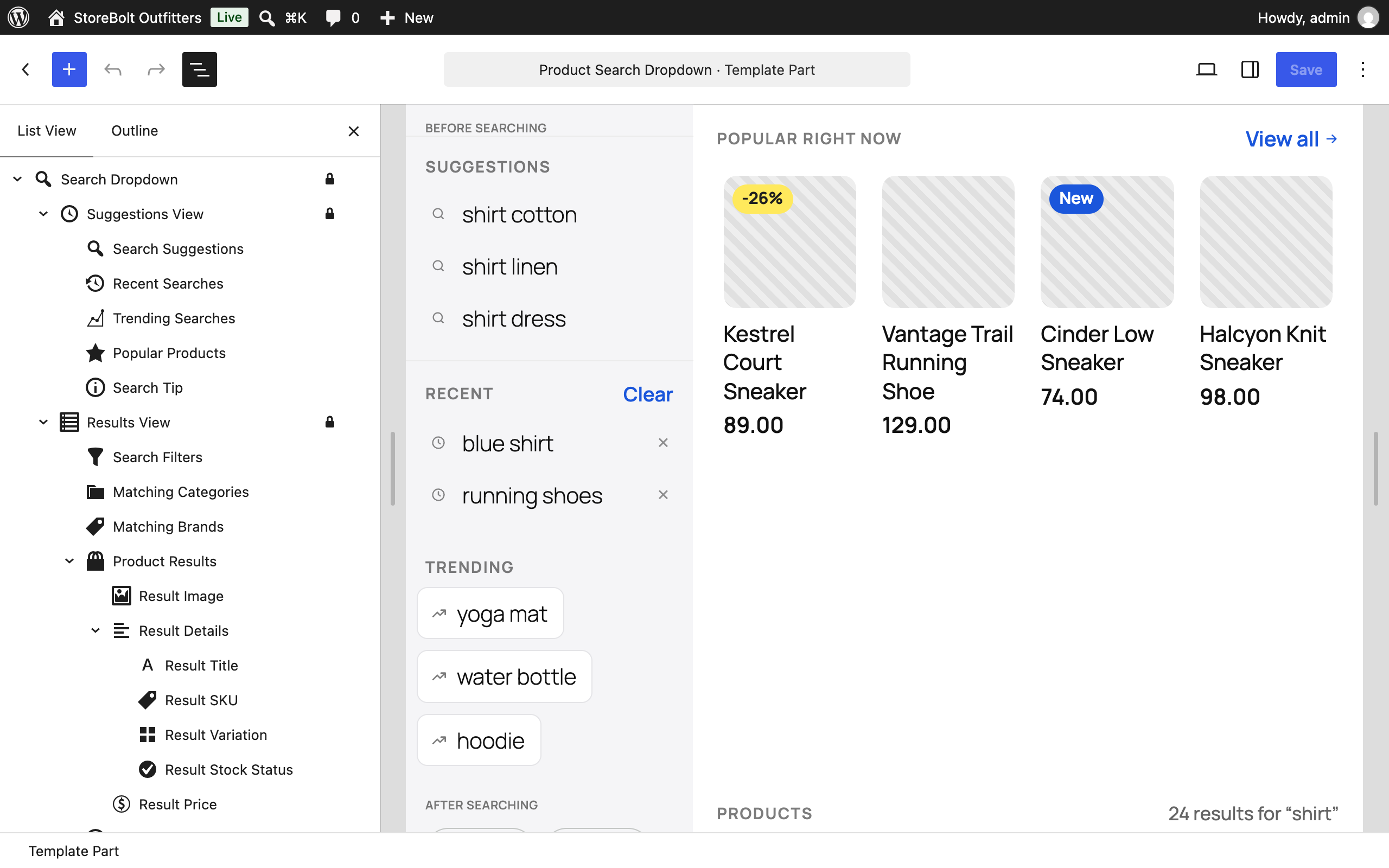 The dropdown's template part, open in the Site Editor.