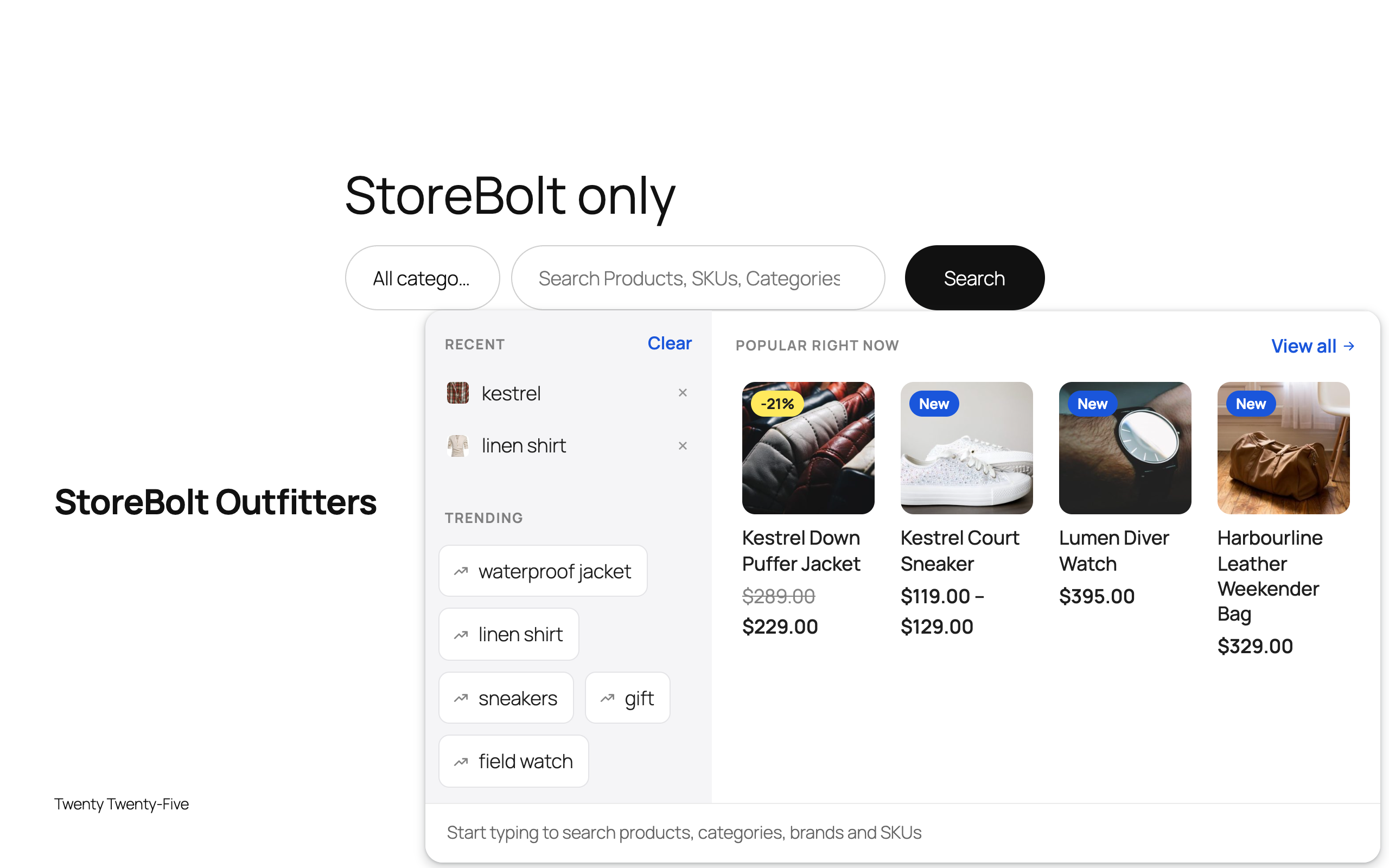 Before typing, the Showroom shows recent and trending searches beside the store's best sellers, with sale and New badges.