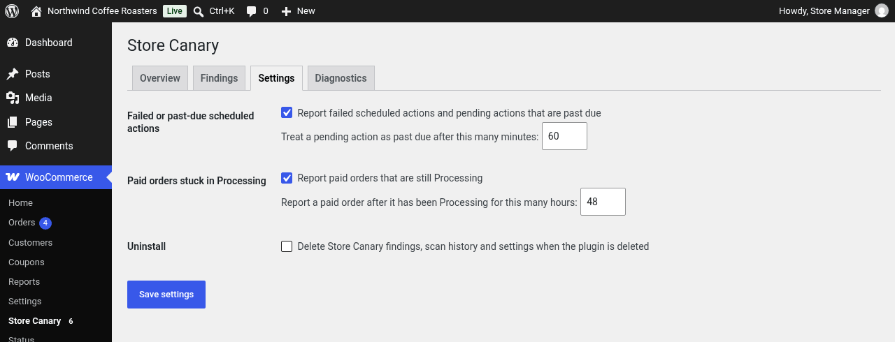 Settings: turn each check on or off and set its threshold.