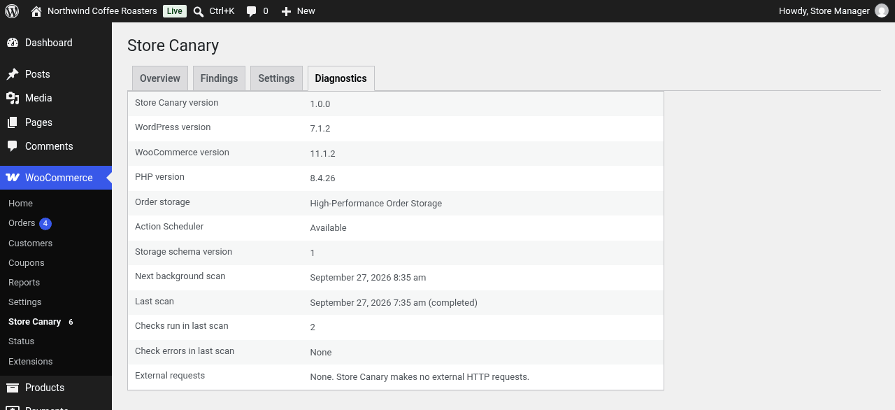 Diagnostics: versions, order storage mode and the last scan's result.