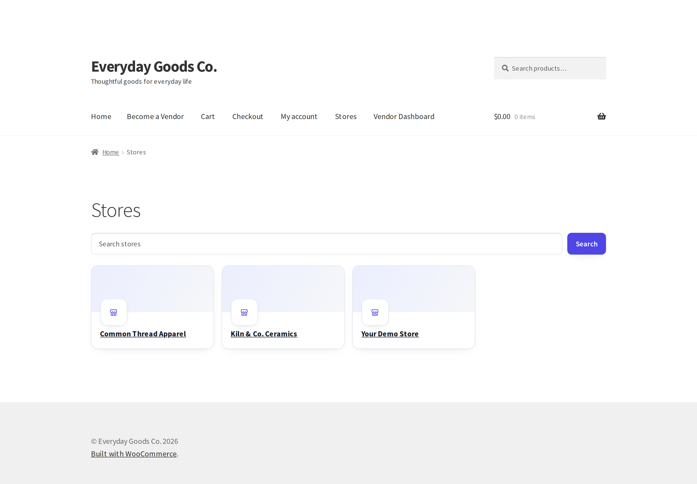 Shoppers search stores by name and open a store page.